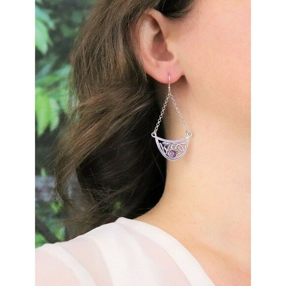 Sterling Silver Purple Amethyst Earrings Dangle Drop Earrings - Picture 3 of 7